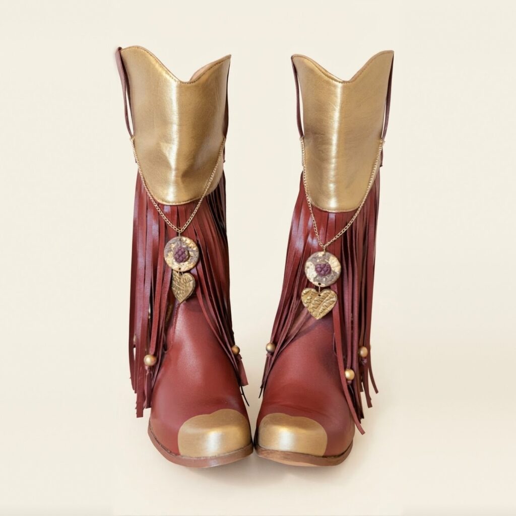 Botas camperas rojas con caña dorada, flecos y colgantes artesanales de corazón, vista frontal