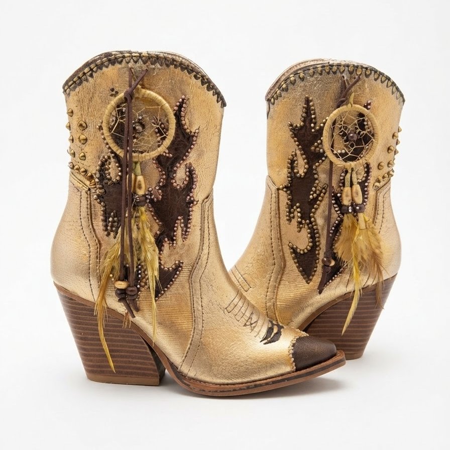 Botas cowboy doradas Dunas pintadas a mano con atrapasueños, plumas y pedrería